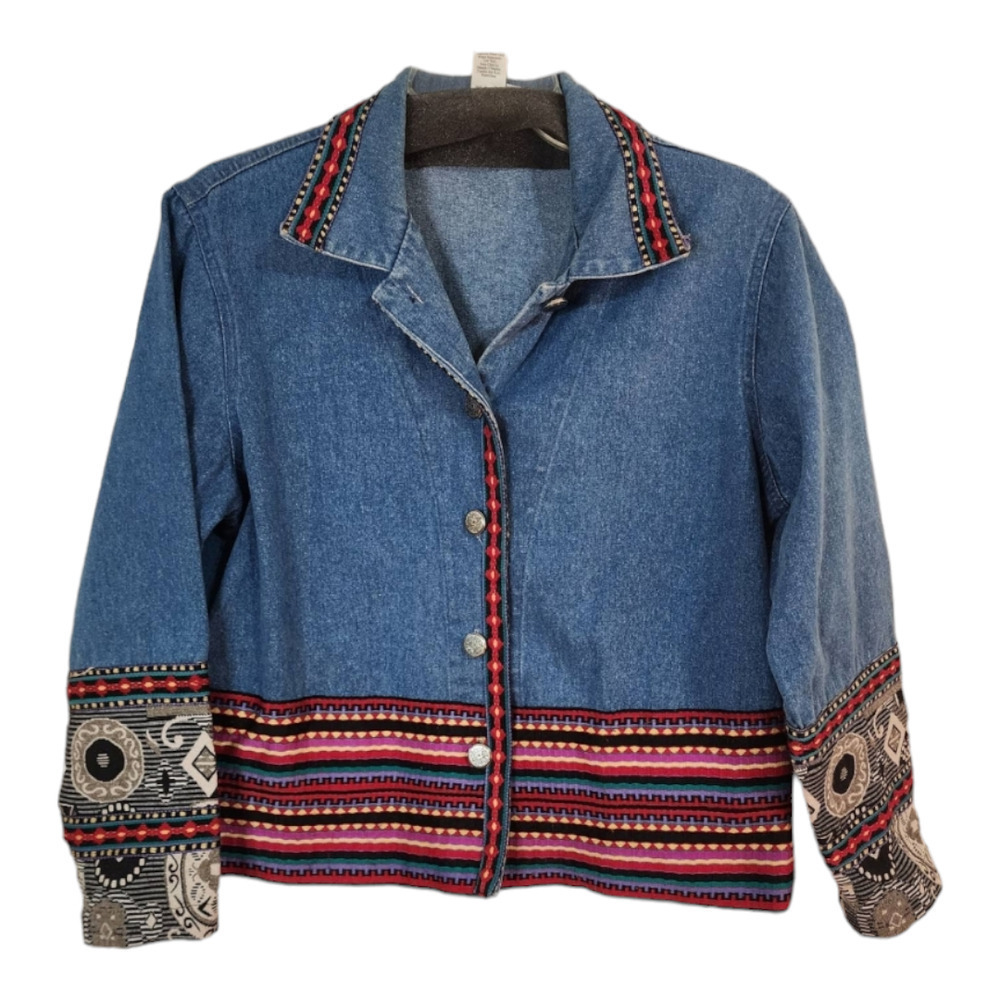 Vintage Coldwater Creek Multi-Color Embroidered Denim Button Up Jacket ps